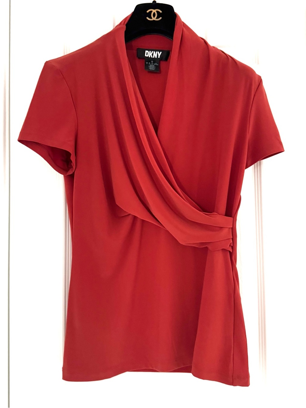 DKNY Burnt Red Draped Wrap-Front Blouse